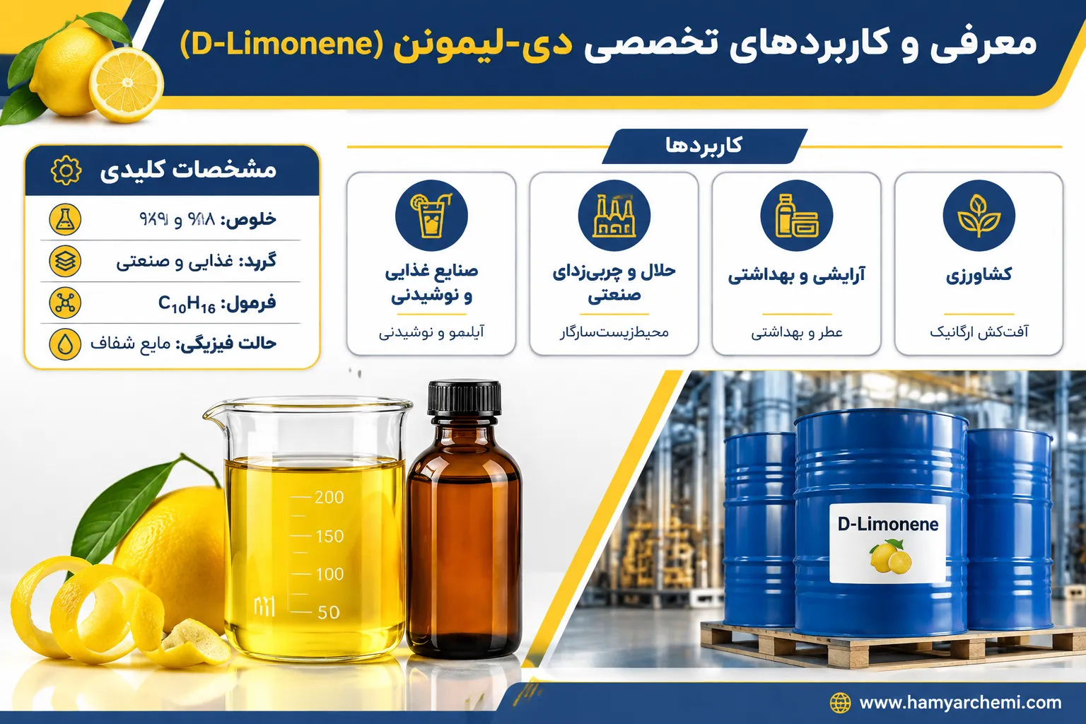 خرید لیمونن غذایی مایع، خلوص 98 و 99 درصد، وارداتی از اسپانیا و تولید ایران. کاربرد اصلی در صنعت آبلیمو‌سازی و طعم‌دهی محصولات نوشیدنی