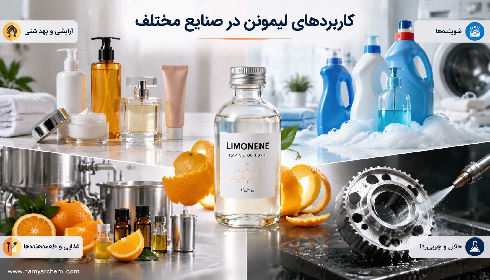لیمونن چیست؟ بررسی ویژگی‌ها، نقش آن در تولید شوینده‌ها، محصولات آرایشی و سایر صنایع + روش استخراج و نگهداری